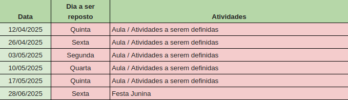 Calendário de sábados letivos 2025/1